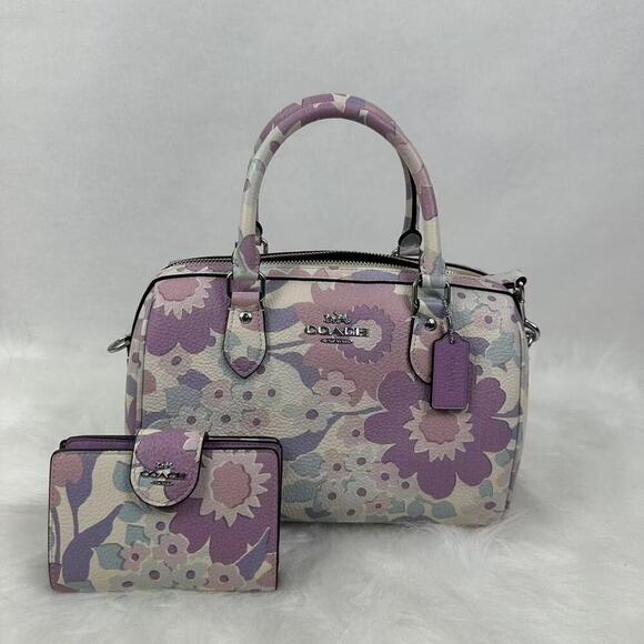 COACH Rowan Satchel Crossbody Floral Print Leather/Ivory + Corner zip Wallet NWT - Picture 2 of 12